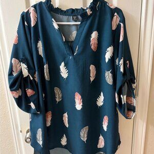 Shein Teal Feather Print Blouse